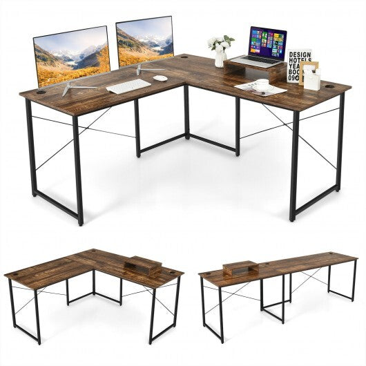 95 Inch 2-Person L-Shaped Long Reversible Computer Desk with Monitor Stand-Rustic Brown - Color: Rustic Brown - Minihomy