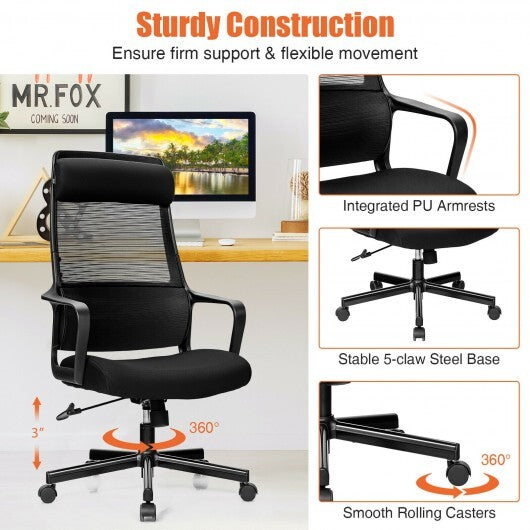 Adjustable Mesh Office Chair with Heating Support Headrest-Black - Color: Black - Minihomy