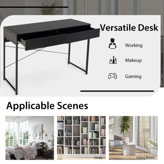 2-Drawer Home Office Desk with Steel Frame-Black - Color: Black - Minihomy