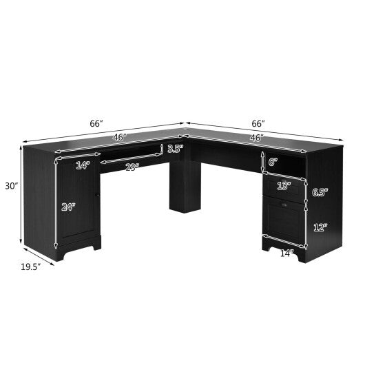 66 Inch L-Shaped Writing Study Workstation Computer Desk with Drawers-Black - Color: Black - Minihomy