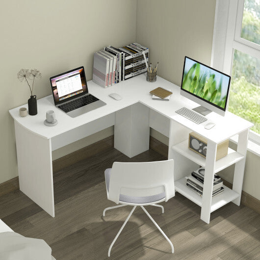 Large Modern L-shaped Computer Desk with 2 Cable Holes and 2 Storage Shelves-White - Color: White - Minihomy