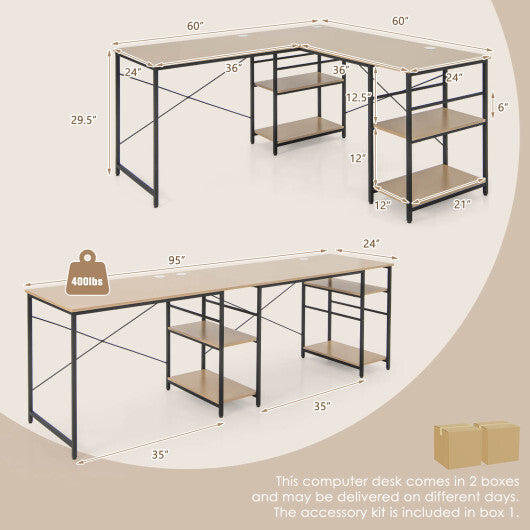 L Shaped Computer Desk with 4 Storage Shelves and Cable Holes-Natural - Color: Natural - Minihomy