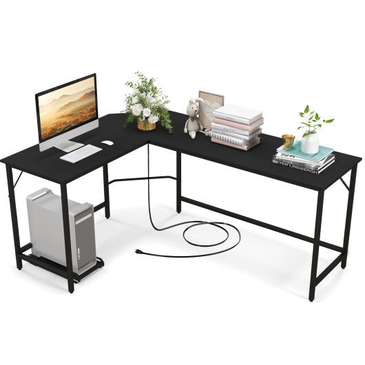 L-Shaped Computer Desk with CPU Stand Power Outlets and USB Ports-Black - Color: Black - Minihomy