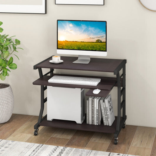 Mobile Computer Desk with Keyboard Tray Mouse Tray and Shelf-Dark Brown - Color: Dark Brown - Minihomy