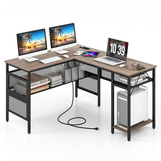 L-Shaped Computer Desk with Charging Station and Adjustable Shelf-Gray - Color: Gray - Minihomy