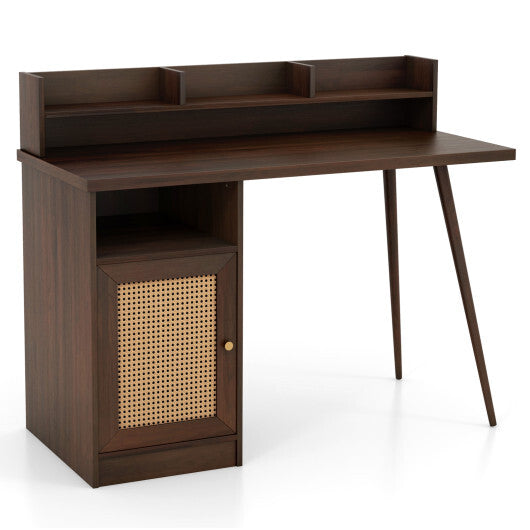 48 Inch Computer Desk with Hutch and PE Rattan Cabinet Shelves-Walnut - Color: Walnut - Minihomy