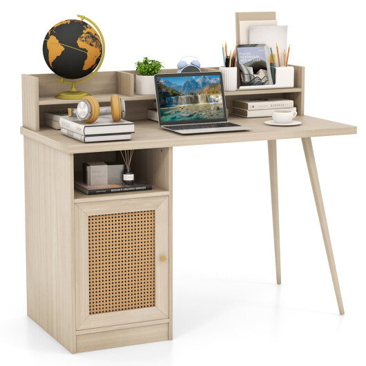 48 Inch Computer Desk with Hutch and PE Rattan Cabinet Shelves-Oak - Color: Oak - Minihomy