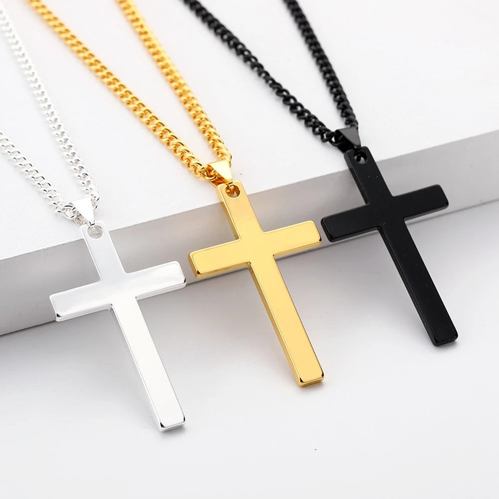 Korean Christian single smooth titanium Cross Necklace Pendant with chain stainless steel men's jewelry - Minihomy