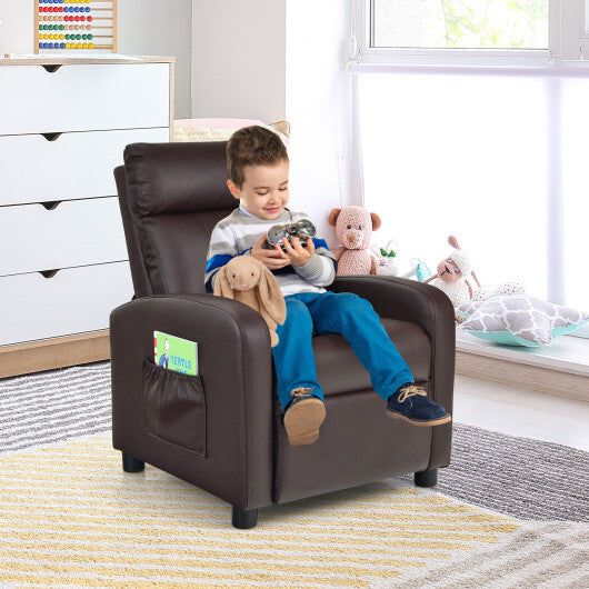 Ergonomic PU Leather Kids Recliner Lounge Sofa for 3-12 Age Group-Brown - Color: Brown