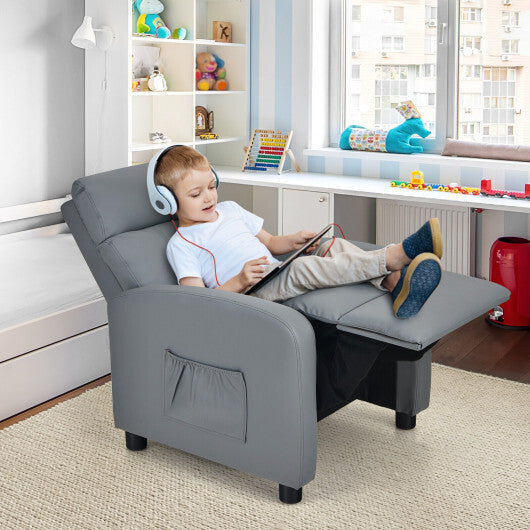 Ergonomic PU Leather Kids Recliner Lounge Sofa for 3-12 Age Group-Gray - Color: Gray