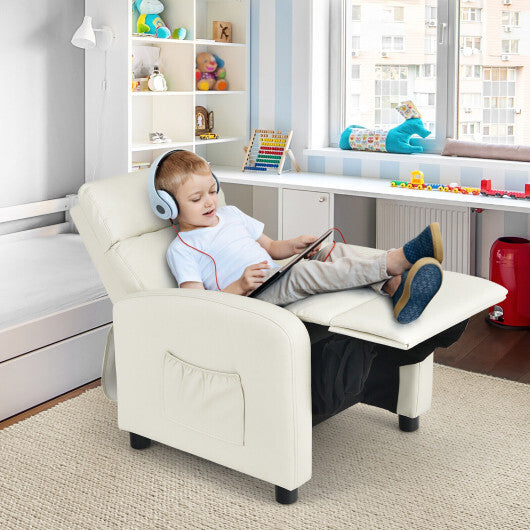 Ergonomic PU Leather Kids Recliner Lounge Sofa for 3-12 Age Group-White - Color: White - Minihomy