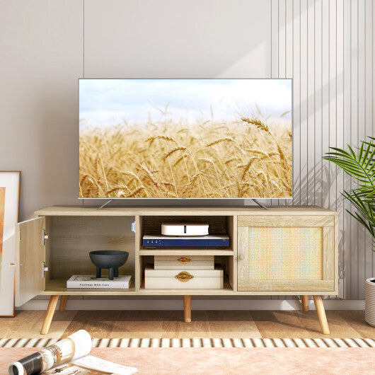 PE Rattan Media Console Table with 2 Cabinets and Open Shelves - Color: Natural - Minihomy