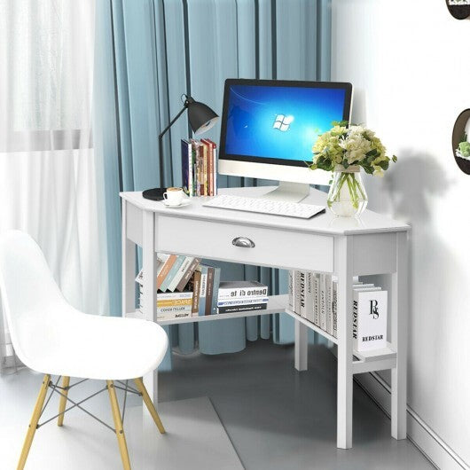 Corner Wooden Piece Laptop Computer Desk-White - Color: White