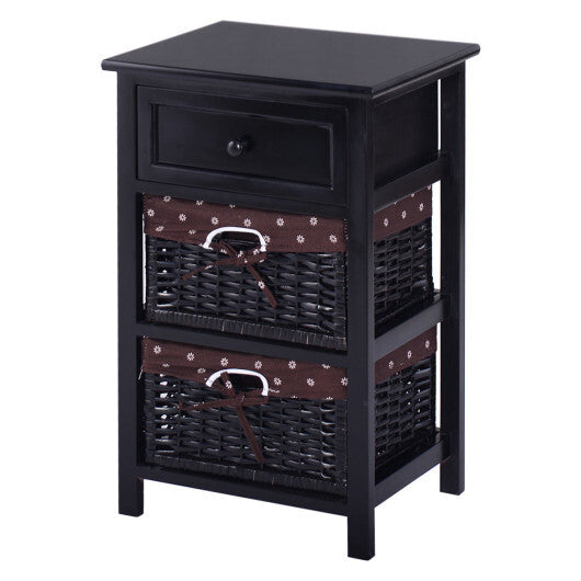 3 Tiers Wooden Storage Nightstand with 2 Baskets and 1 Drawer-black - Minihomy