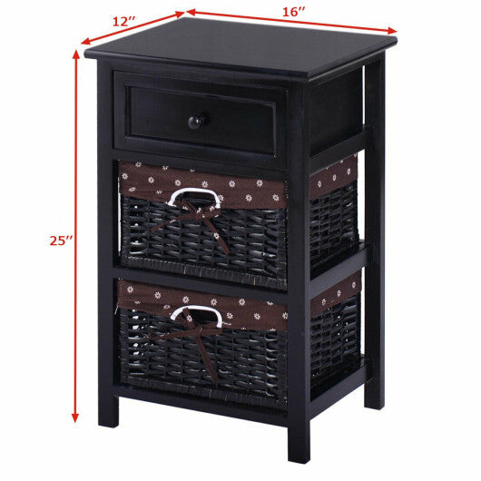 3 Tiers Wooden Storage Nightstand with 2 Baskets and 1 Drawer-black - Minihomy