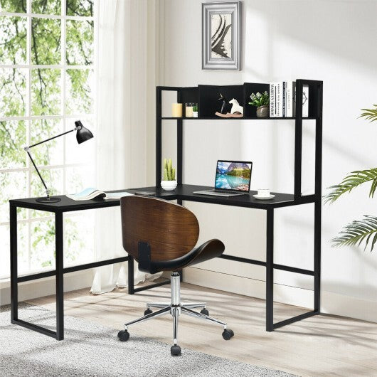 Reversible L-Shaped Corner Desk with Storage Bookshelf-Black - Color: Black