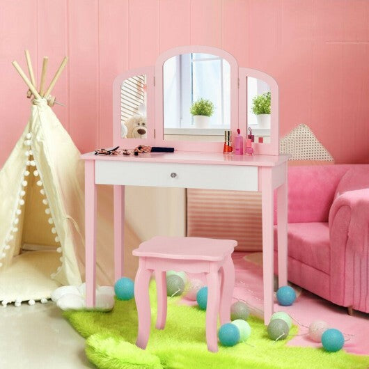 Kids Princess Make Up Dressing Table with Tri-folding Mirror and Chair-Pink