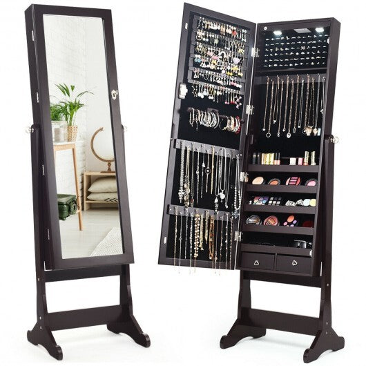 Lockable Mirrored Jewelry Cabinet with Stand and LED Lights