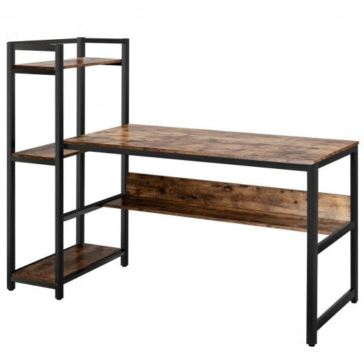 59-Inch Computer Desk Home Office Workstation 4-Tier Storage Shelves-Rustic Browm - Color: Rustic Brown - Minihomy