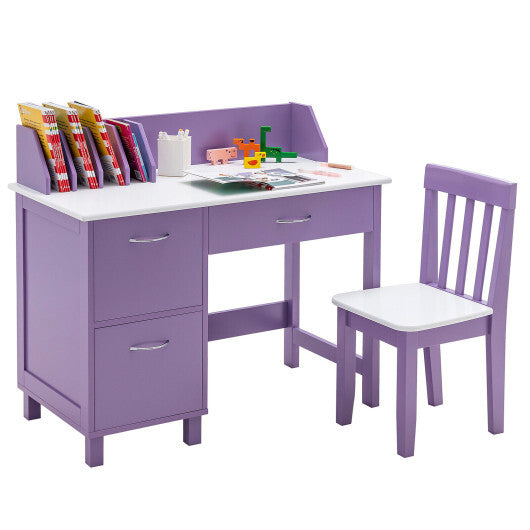 Kids Wooden Writing Furniture Set with Drawer and Storage Cabinet-Purple - Color: Purple