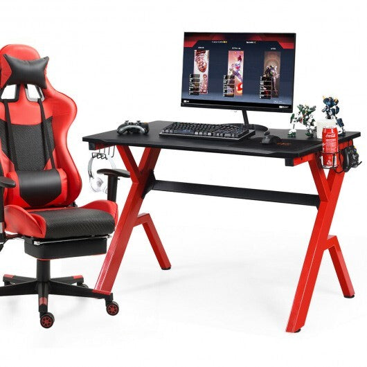 Ergonomic Gaming Desk with Carbon Fiber Surface and R-Shape Steel Frame - Color: Black & Red - Minihomy