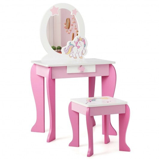 Kids Wooden Makeup Dressing Table and Chair Set with Mirror and Drawer - Color: Pink - Minihomy