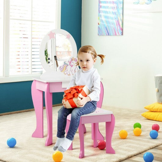 Kids Wooden Makeup Dressing Table and Chair Set with Mirror and Drawer - Color: Pink - Minihomy