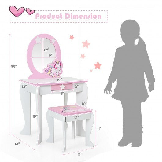 Kids Wooden Makeup Dressing Table and Chair Set with Mirror and Drawer-White - Color: White