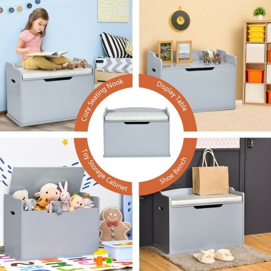 Kids Toy Wooden Flip-top Storage Box Chest Bench with Cushion Hinge-Gray - Color: Gray - Minihomy