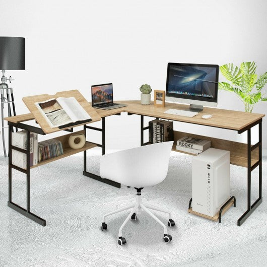 L-Shaped Computer Desk with Tiltable Tabletop-Natural - Color: Natural - Minihomy