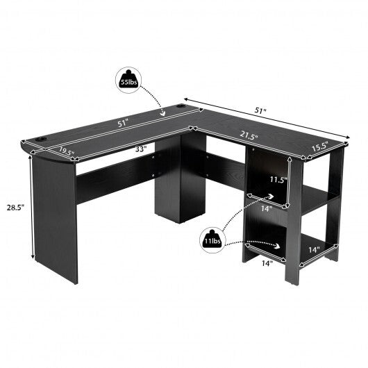 Modern L-Shaped Computer Desk with Shelves-Black - Color: Black - Minihomy