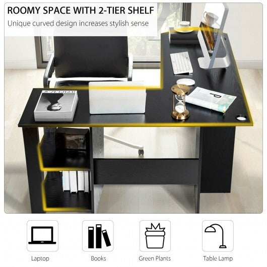 Modern L-Shaped Computer Desk with Shelves-Black - Color: Black - Minihomy