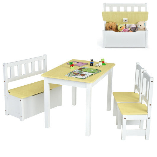 4 Pieces Kids Wooden Activity Table and Chairs Set with Storage Bench and Study Desk-Natural - Color: Natural