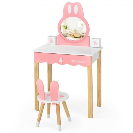 Kids Vanity Set Rabbit Makeup Dressing Table Chair Set with Mirror and Drawer-Pink - Minihomy