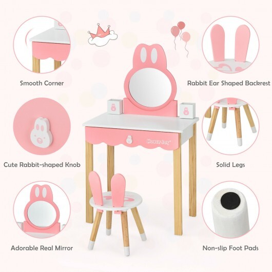 Kids Vanity Set Rabbit Makeup Dressing Table Chair Set with Mirror and Drawer-Pink - Minihomy