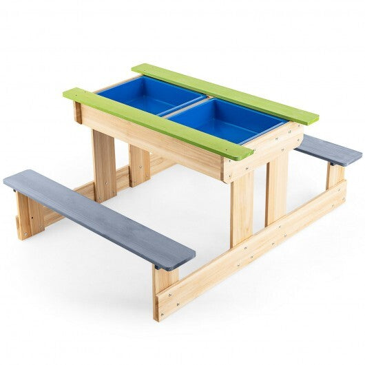 3-in-1 Outdoor Wooden Kids Water Sand Table with Play Boxes - Color: Natural