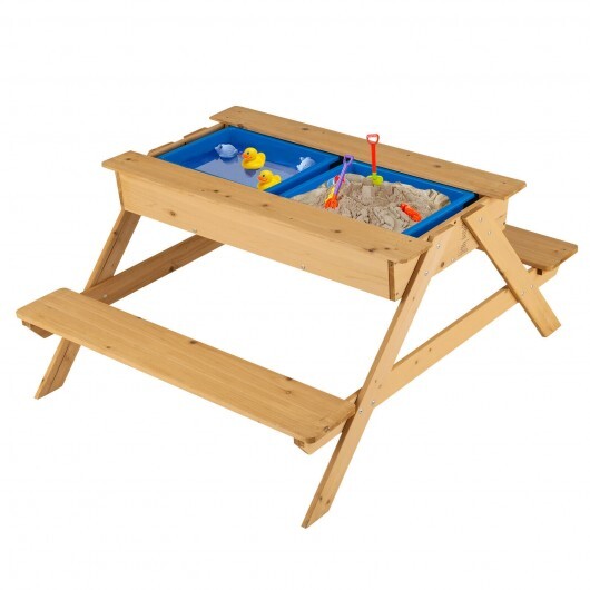 3-in-1 Kids Picnic Table Wooden Outdoor Water Sand Table with Play Boxes - Minihomy