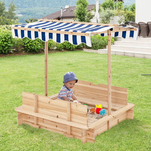 Kids Wooden Sandbox with Canopy and Bench Seats - Color: Blue