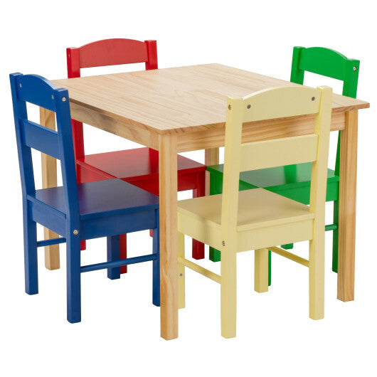 5 pcs Kids Pine Wood Multicolor Table Chair Set  - Color: Deep Multicolor