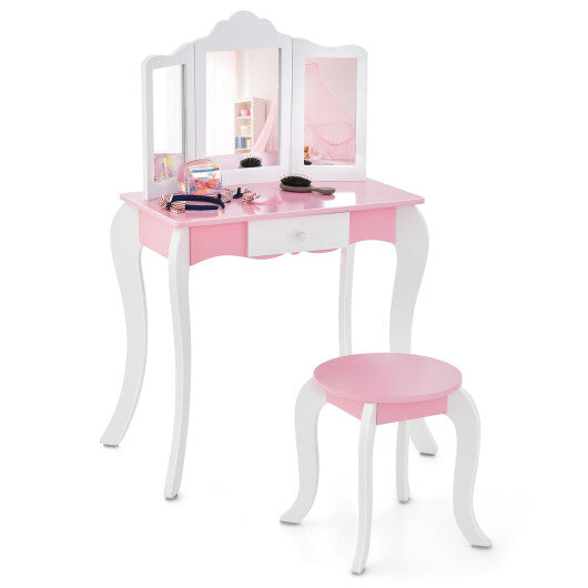 Kid's Wooden Vanity Table and Stool Set  with 3-Panel Acrylic Mirror-White - Color: White