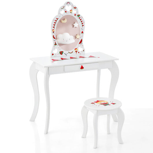 2 in 1 Children Pretend Makeup Vanity Set with Removable Mirror and Storage Drawer-White - Color: White