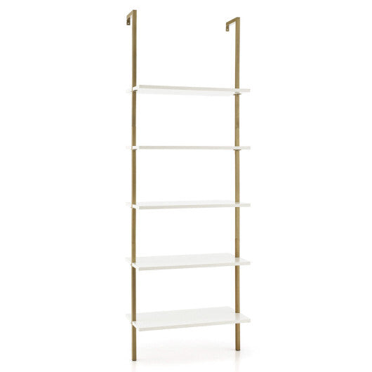 5 Tier Ladder Shelf Wall-Mounted Bookcase with Steel Frame-Golden - Color: Golden - Minihomy