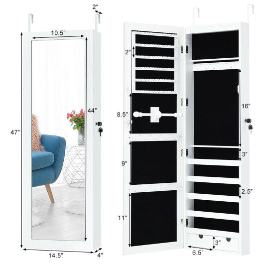 Door Mounted Lockable Mirrored Jewelry Cabinet with LED Lights - Minihomy