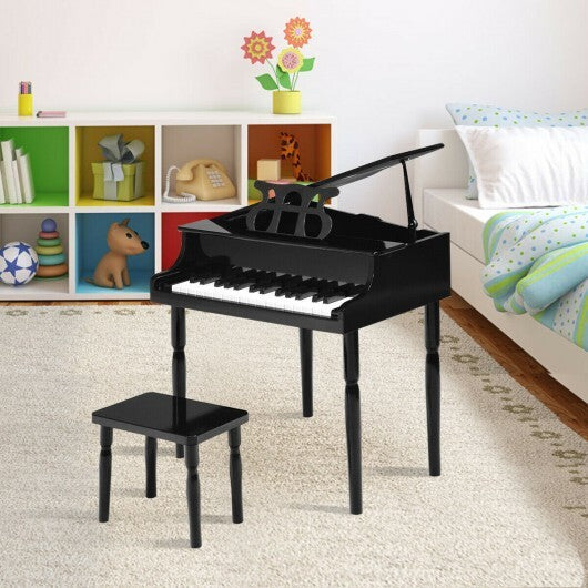 30-Key Wood Toy Kids Grand Piano with Bench & Music Rack-Black - Color: Black - Minihomy