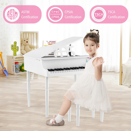 30-Key Wood Toy Kids Grand Piano with Bench and Music Rack-White - Color: White - Minihomy