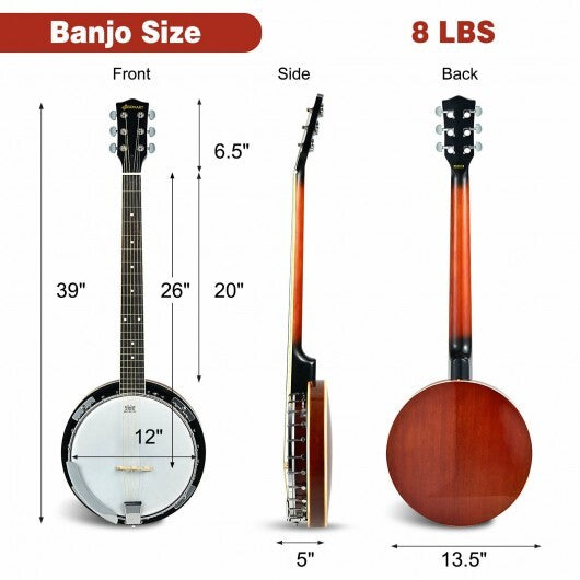 39 Inch Sonart Full Size 6 string 24 Bracket Professional Banjo Instrument with Open Back - Color: Black - Minihomy