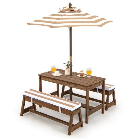 Kids Picnic Table and Bench Set with Cushions and Height Adjustable Umbrella-Brown - Color: Brown - Minihomy