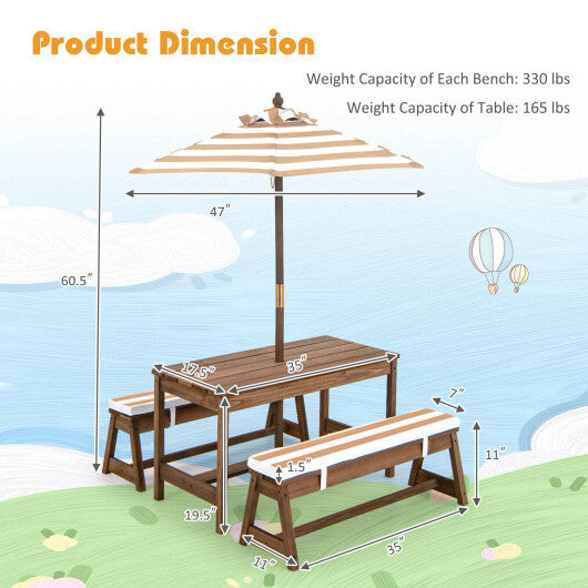 Kids Picnic Table and Bench Set with Cushions and Height Adjustable Umbrella-Brown - Color: Brown - Minihomy