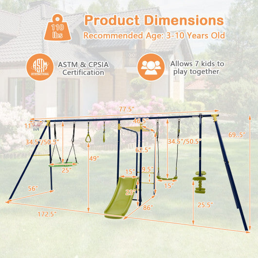 7-in-1 Stable A-shaped Outdoor Swing Set for Backyard - Color: Blue - Minihomy