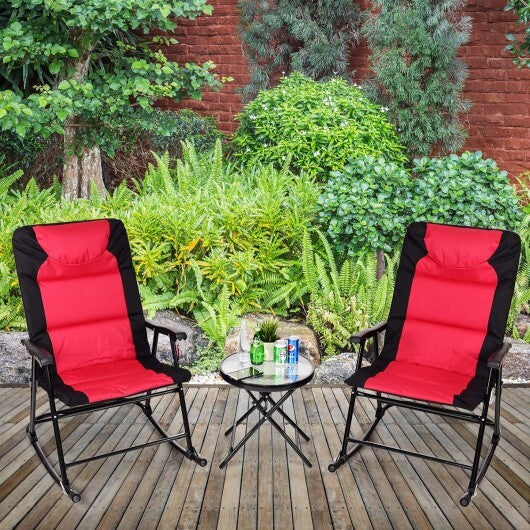 3 Pcs Outdoor Folding Rocking Chair Table Set with Cushion-Black&Red - Color: Red - Minihomy